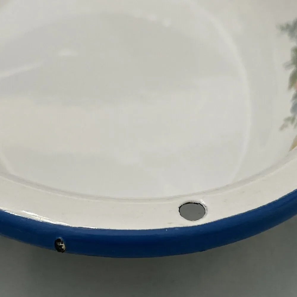 Vtg Enamelware Floral Print Rose Cinsa Brand Saltillo Mexico Oval Blue Trim